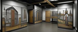A gray factory with doors designed in Navajo woven art painted by Pieter Bruegel the Elder