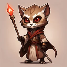 Abal-jo is a khajiit mage with brown fur dressed in a tan and brown robe with a tan and brown hood and mask with a red and bronze glowing staff, in chibi art style