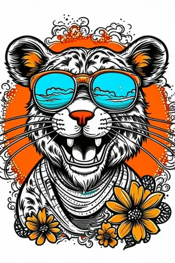 A groovy TAIGER with a wide, toothy grin, rocking sunglasses and a flowered shirt. Style: Pop Art, Mood: Fun and Funky, Lighting: Bright sunlight, T-shirt design graphic, vector, contour, white background.