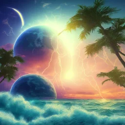 1980's vaporwave aesthetic palm trees with lightning with solar eclipse in the ocean waves sunset