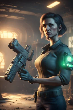 Nico Belic and woman in fallout 4 setting, bokeh, downlight, prize winning, depth of field, monster in background, stereoscopic cartoon storyline montage, glowing guns