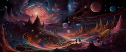 Within the boundless expanse of the cosmos lies a realm where celestial titans roam amidst the swirling nebulae and radiant stars. In this anamorphic vista, depict the titanic clash between cosmic forces, where colossal beings of light and darkness converge in an eternal struggle for dominance. Amidst the cosmic chaos, weave intricate patterns of cosmic energy and vibrant hues, capturing the awe-inspiring majesty of this celestial battlefield. Let the anamorphic aspect ratio accentuate the grand