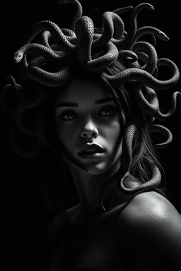 a high quality digital artwork of an attractive woman, Medusa head with many hair snakes, view with hate, mysterious, confusing, digital painting, metaphorical, powerful image, deep meaning image, cinematic, black and white color, low Angle shot, Three-Quarter View, black background, realistic 8k