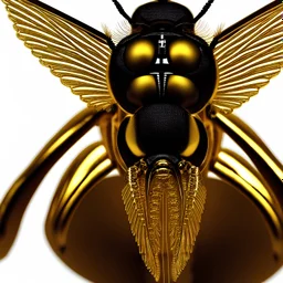 Symétrie!! Portrait d'une mouche avec des ailes en or pur, décor futuriste et moderne, photo réaliste, très détaillé, très intriqué, 8k, hdr, cinema 4d, unreal engine, rendu octane