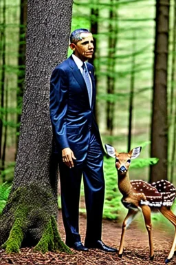 Obama as a forest nymph in the woods raising a baby deer as his own high quality