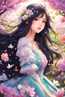 An anime girl with long dark hair and a dress of petals, surrounded by the beauty of spring, was a vision so rare. highly detailed, digital art, beautiful detailed digital art, colorful, high quality, 4k