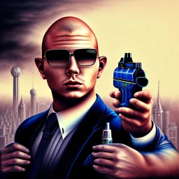 water color and spray paint art,pit-bull mafia boss with slick hair, holding up auto-pistol and wearing suit, city streets in background,run for cover, book illustration