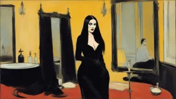 [art by Toulouse-Lautrec] Morticia Addams in agent provocateur sits in front of a mirror at a vanity, in her room