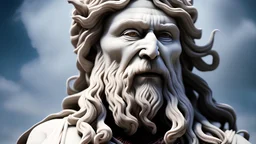 full body, aged marble statue, open arms, representing gods of war and wisdom, sky background, high detail,
