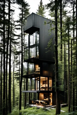 3-story container modern-style house in the woods. Photograph.