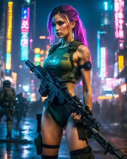 Sci-fi slim Ukrainian girl with big breasts in military t-shirt and shorts with slim trousers action a sniper rifle with neon lights of Japan's cyberpunk night city in the background