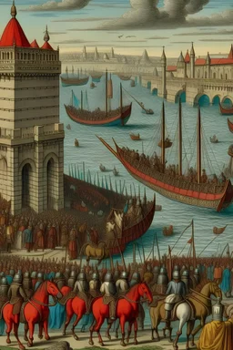 Make an image of Roman recapture of Constantinople from the turks in an alternate timeline in 1487, with the roman emperor entering the city gates with his army in triumph