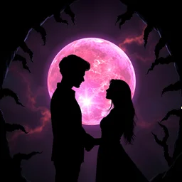 In the foreground, the dark silhouettes of a handsome young man and a beautiful young woman embrace as lovers. In the background, a giant orb composed of pink, purple, and orange plasma shimmers brightly. An inky black void frames in the image, with jagged tendrils reaching out to devour them.