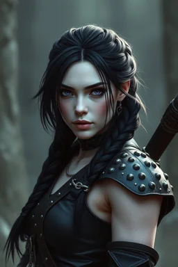 Female fallen aasimar ranger. White skin, purple eyes, black hair in box braids. Wearing black studded leather.