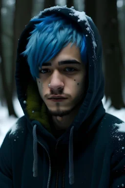 Realistisches Foto Junge mit seitenscheitel und blauen Haaren und ein paar Bartstoppel und BRAUNE AUGEN in einem verschneiten Wald mit schwarzen Kapuzenpulli