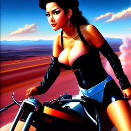 portrait of busty beautiful 'Female Rider on Shotaro Kaneda's Bike',aerial view, painting by Earl Norem, simon Bisley, evan lee, 86-86, oil on canvas, cinematic composition, extreme detail,fit full head inside picture,8k