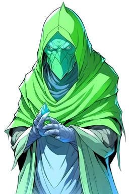 Anime alien man character with aged 50 ,too strong,huge , with a ice too much modern armour wearing a green blue robe cover his head