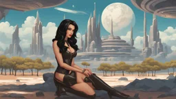 exotic sci-fi pin-up girl, with long dark hair, on an alien planet with cloud trees, tall spires and buildings