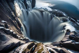 at the base of the rocky mountain peninsula, a great whirlpool waterfalls into deeper unknown depths