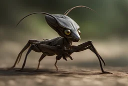 An alien gentle animal, a cross between a Dromaius, Vermilingua, and a mantis, with short tail and four legs, walks forward.