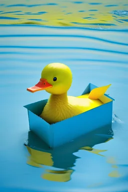 cute little yellow carton duck donald swiming on the blue and clear water.