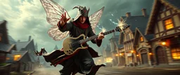 super duper mega rock star fairy thief priest dungeons magician throwing a wild magic spell that performs while flying at high speed through cyber punk village, background motion blur, painted by Rembrandt