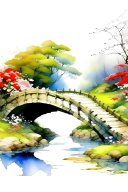 Vista lateral de un puente sobre un arroyo, flores y arbustos en la orilla, fantasía japonesa, alto nivel de detalles, dibujo en acuarelas