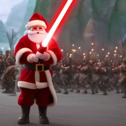 Santa lightsaber huge battle, against an army of robot elves