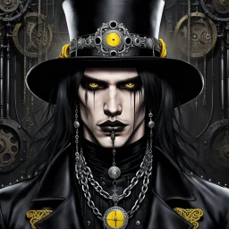 medium close from drawing a striking gothic emo male model with long black hair and intense dark yellow eyes, wearing dramatic black eyeliner and lipstick. He has pale, smooth skin with strong, sharp facial features. The model is adorned with gothic accessories silver chains , circle earring and black steampunk hat. The overall mood is dark, mysterious, and elegant, with a high-fashion gothic aesthetic. The background is softly lit with fog in gray tones, focusing all attention on the face