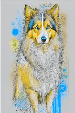 Abstract wet watercolour of a rough collie, ink lines, interlinked circles,detailed focus on eyes