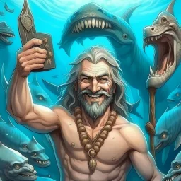 the sea god Poseidon, taking selfie with sharks, smiling, realistic, detailed,