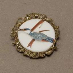 ivory brooch of a kingfisher, decorative design, classical ornament, highly ornate, highly intricate, highly detailed etching, marble carving, warm lighting