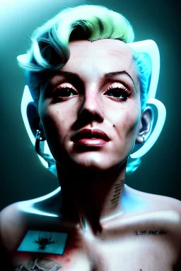 Ultra Realistic image, portrait, blonde woman, sweet Marylin Monroe face, perfect iris, glow eyes, glow makeup. Cyborg, Cyberpunk style, oversized transparent latex coat, yakuza tattoos body. fog, rain, soft color, highly detailed, unreal engine 5, ray tracing, RTX, lumen lighting, ultra detail, volumetric lighting, 3d, finely drawn, high definition, high resolution.