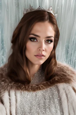 evil ice princess, brown eyes, with crown, wearing fur, in front of ice castle