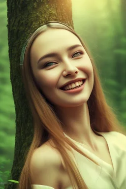 Beautiful smile of feminine girl in the forest in the 3PM in the afternoon ín 24K Resolutions, ultra HD, Professional PHOTOGRAPHY