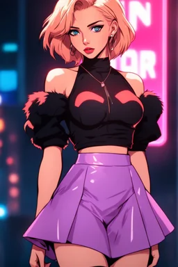 retrowave anime cyberpunk girl, scarlett johanson, furr skirt