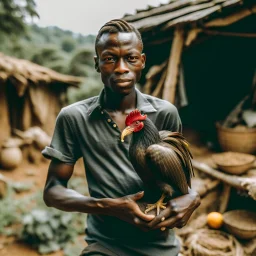 a black man holding a chicken in a village setup