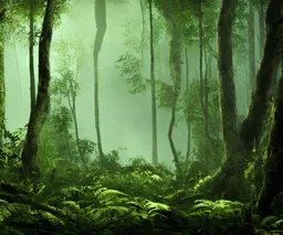 Photographie de la jungle équatoriale, forêt luxuriante, hdr, 16k, octane effect rendering 3d zoom, très détaillé, très intriqué, très réaliste, ambiance dangereuse, rayons de soleil traversant la brume, cinema 4d, unreal engine