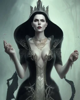 old evil queen in black leather gown, femme fatale, volouptous, busty, cleavage, angry, emperious, 8k resolution concept art portrait by Greg Rutkowski,