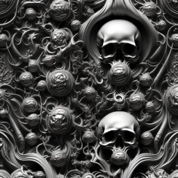 the source of future growth dramatic, elaborate emotive metallic Baroque and Rococo styles to emphasise death as a transcendental, seamless pattern, symmetrical, large motifs, sistine chapel ceiling, 8k image, sharp focus, gothic mothifs and (skulls:1) in rococo style, black metal forge, black colors, perfect symmetry, 3D, no blur, sharp focus, photorealistic, insanely detailed and intricate, cinematic lighting, Octane render, epic scene, 8K