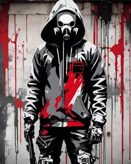 Banksy style. Grafiti. Full body. Masterpiece of a hooded and gas masked killer Cyborg, his eyes are intense. Red, white and black colors, (((full body)))