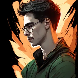 A dark-haired man, brown eyes, green hoody, black glasses, black moustache, Oil portrait, lichtenstain style