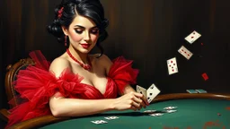 impressionist oil painting smooth brush strokes "head and shoulder" beautiful woman sitting at poker table elegant red tulle and shiny dress, red jewelry black hair in a bun, big hanging curls, slight smile, eyes downcast, long eyelashes cards in hand dark background other small cards flying around her some deteriorating grainy noise falling particles, backlight