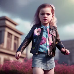 Riley keough toddler, full body, leather jacket, floral shirt, floral skirt, shoe, soft skin, city background, dramatic lighting, hyper realistic