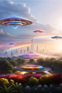 ufo rainbows, cité cristal très futuriste ultra moderne, ufos fleet, intergalactic, dômes de cristal, beautiful gardens , flowers
