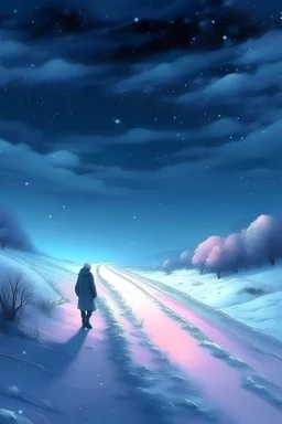 snow road walk back pastel night sad with a fairy man ocean