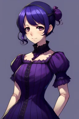 Personaje de anime femenina, con cabello corto y negro. que use vestido violeta oscuro de la espoca victoriana.