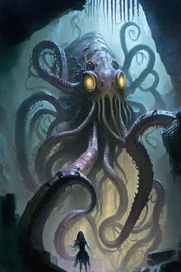 Agatha's eyes widened as she beheld the colossal octopus-robot, an awe-inspiring creation that towered over the cave's confines. Its metallic limbs reached out like a network of serpentine tendrils, poised and ready to strike against the forces of evil