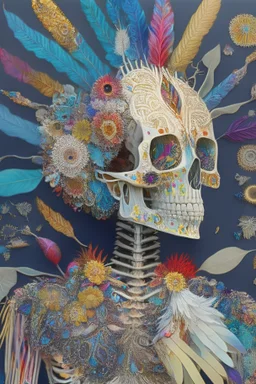 Painting entitled "If you only opened your mind, perhaps your brain could fall out"; neo-surreal skeleton wearing a designer outfit painstakingly sewed together from a patchwork of mixed media including feathers, foliage, flowers, gemstones, and shiny sequins that reflect the sun; quilling, award-winning, masterpiece, portfolio piece, fantastical, Intricate, provocative, superbly detailed, Holographic, Magnificent, Meticulous, Mysterious
