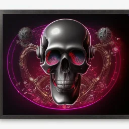 cyberpunk style ink ball skull picture in detailed tecnomancer frame, big black eyes, unreal engine 5, 8k resolution, photorealistic, ultra detailed, frame extreme sharp, accurate